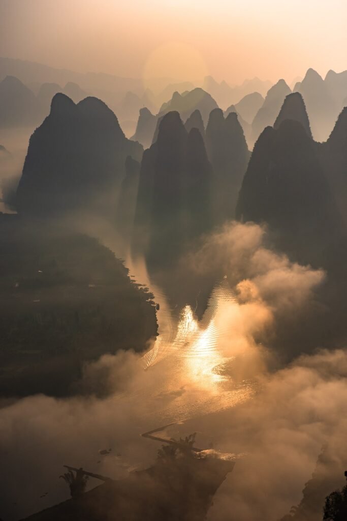 sunrise, clouds, river, yangshuo, guilin, china, mountains, reflection, nature, painting, dawn, landscape